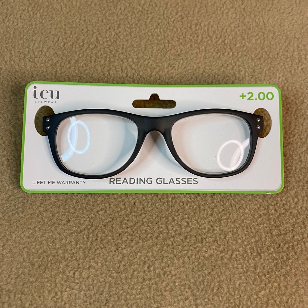 ICU Eyewear Black‎ Reading Glasses +2.00 Strength Magnify Optical Readers NWT